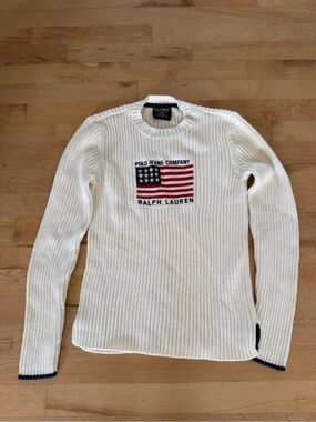 Vintage Ralph Lauren Polo Jeans Company Cream Ribbed Flag Sweater